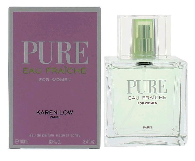 Eau Fraiche by Karen Low For Women Eau De Parfum Spray 3.4oz-100ml Top notes are lemon and cedar; middle notes are pink pepper, water hyacinth and jasmine; base notes are teak wood, iris, amber, patchouli, vetiver and white musk.